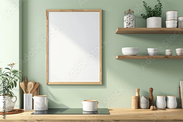 Fototapeta Sage kitchen features medium wooden frames on expansive minimalist shelves.