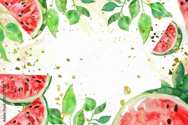 Fototapeta 夏のスイカのフレームの水彩画（背景・暑中見舞い・壁紙）