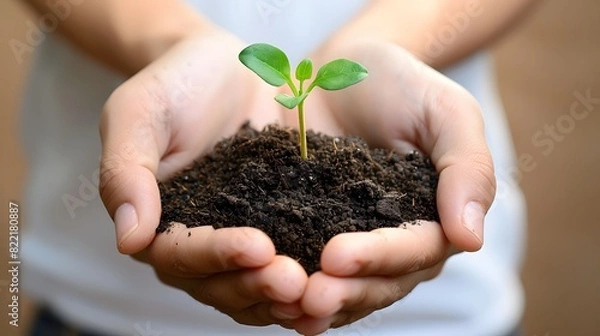 Fototapeta Hands holding soil with small plant growing, symbolizing growth and environmental care .
