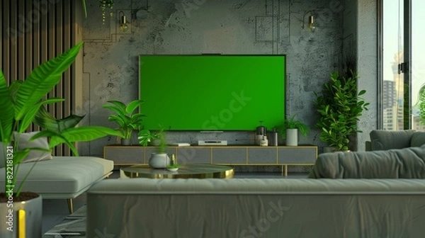 Fototapeta A Horizontal Mock-up of a Colour Key Green Screen Display on a TV Set in a Modern Living Room. Smart Television Set, Sofa, Potted Plant in a Modern Apartment. Domestic Cinema Concept.