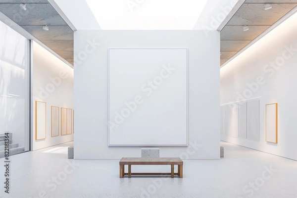Fototapeta Bright, minimalist modern art space with a central large blank poster.