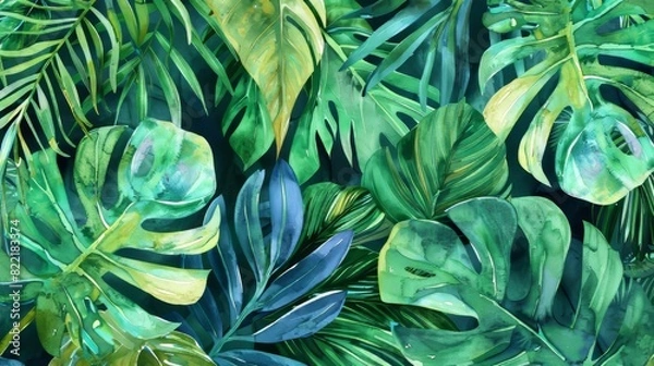 Fototapeta Illustration of tropical leaves. Hand painted. Banner with tropic summertime motif will complement backgrounds, wrapping papers, textile designs, and wallpapers.