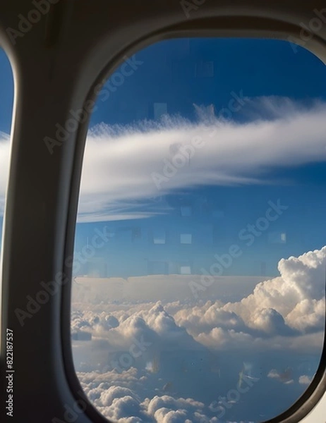 Fototapeta a window on a plane that has a cloud in it