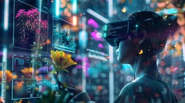 Obraz Detailed 3D rendering of beautiful digital metaverse with avatars, buildings, and nature. Person is in fun colorful VR world. Hologram widgets appear on the user's home screen.