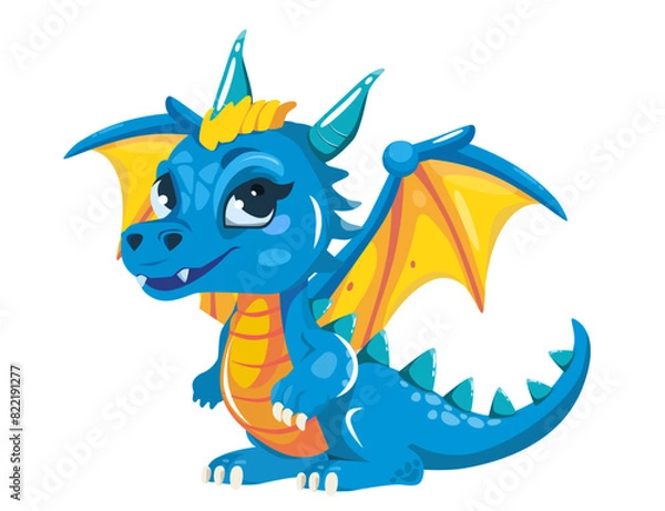 Obraz An electric blue dragon with yellow wings. Vector illustration isolated on white background