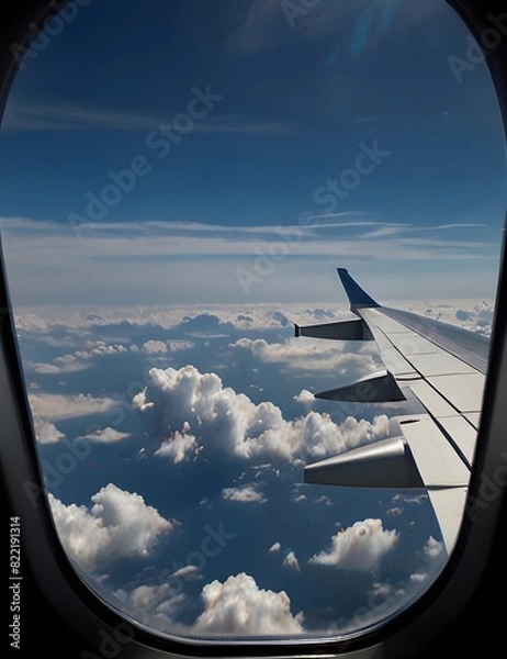 Fototapeta a plane window with a view of clouds and sky