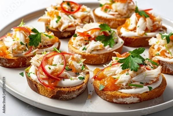 Fototapeta Exotic Dungeoness Crab Crostini with Luscious Garnish