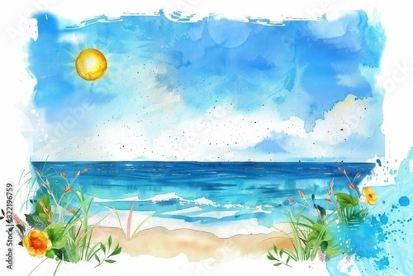 Obraz 夏の太陽と海の水彩画（背景・暑中見舞い・壁紙）