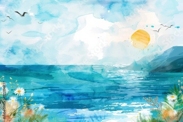 Fototapeta 夏の太陽と海の水彩画（背景・暑中見舞い・壁紙）