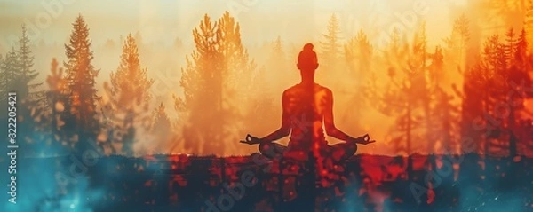 Fototapeta Serene yoga pose in nature, close up, focus on tranquility, copy space, image with vibrant colors, Double exposure silhouette with forest landscape