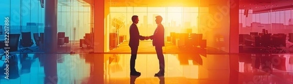 Fototapeta Successful meeting in modern office, focus on handshake, copy space for logo, brightly colored image, Double image silhouette with blueprint designs