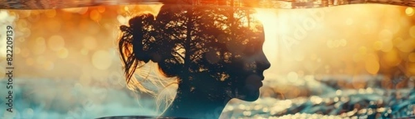 Fototapeta Calm breathing exercise, focus on face, upper copy space, colorful and eyecatching image, Double snapshot silhouette with flowing river