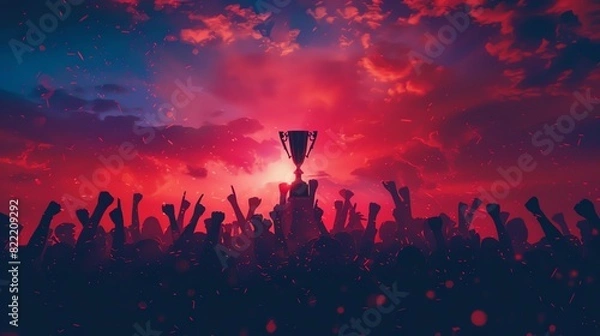 Fototapeta Award ceremony with trophy, focus on detail, copy space on the right, striking and clear colors, Double shot silhouette with cheering crowd
