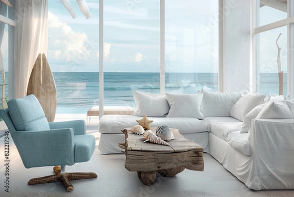 Fototapeta A modern beach house living room with panoramic ocean views, a casual white linen sofa, and a driftwood coffee table.