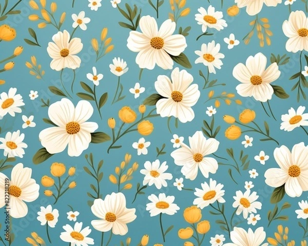 Fototapeta background  floral pattern with white and yellow flowers on a teal blue background. Perfect for textile, wallpaper, and decorative design.