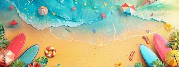 Fototapeta A vibrant, summer beach party background with umbrellas, surfboards, and festive elements.