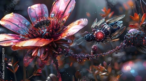 Fototapeta Futuristic Nanobots Pollinating Vibrant Metallic Flower in Sci Fi 3D Art