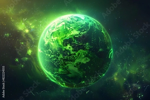 Fototapeta Glowing Green Planet Futuristic Digital of a Luminous Earth in Space