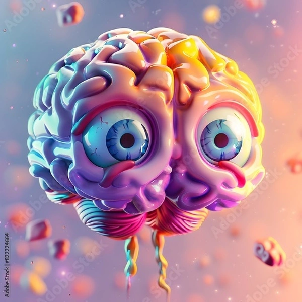 Fototapeta Whimsical Brain with Playful Cartoon Eyes Colorful 3D Render Depicting Creativity and Imagination