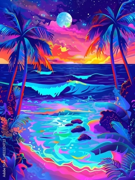 Fototapeta Captivating Psychedelic Beach Party Scene with Vibrant Neon Lights and Mesmerizing Waves