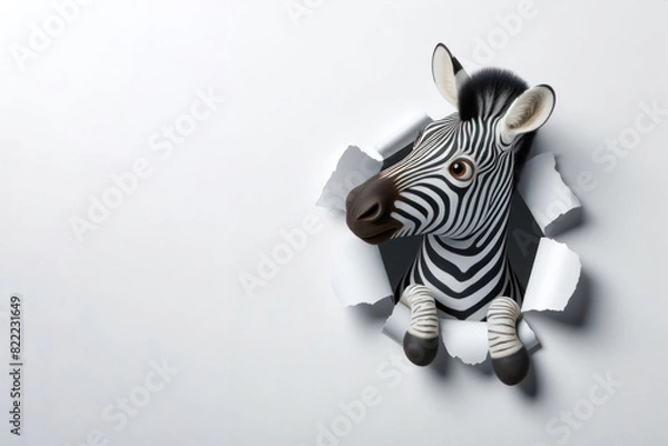 Fototapeta funny Zebra peeking out of hole in paper wall Isolated on white background