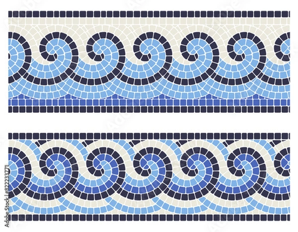 Fototapeta Seamless mosaic border with sea waves in portuguese style, decorative tiling with curly greek ornament, vector