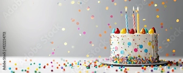 Fototapeta Colorful birthday cake with lit candles on white background with confetti falling.