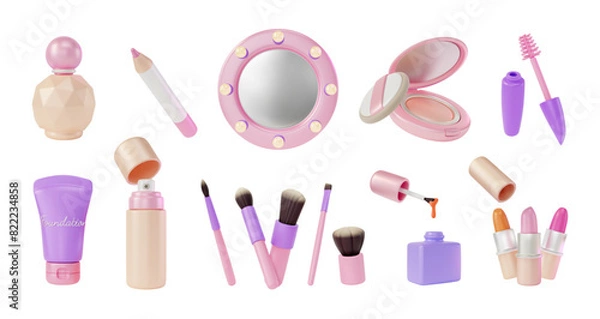 Fototapeta 3d Makeup Cosmetic Product Concept Cartoon Design Style. Vector illustration of Face Powder, Lipstick, Brush and Mist Spray Bottle