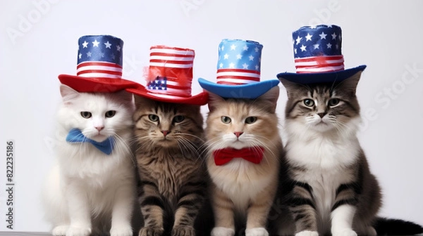 Fototapeta Independence Day of the USA, kittens in hats with the flag of America on a white background.