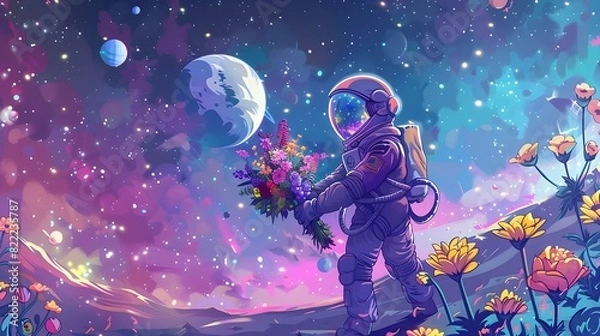 Fototapeta Astronaut Exploring Enchanting Cosmic Landscape with Vibrant Flowers and Celestial Wonders