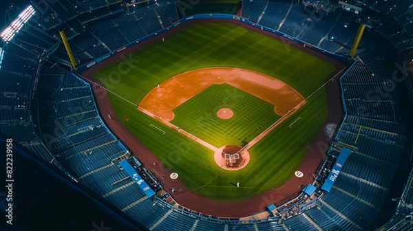 Fototapeta An aerial view of a lone baseball player at home plate, the entire empty stadium seen from above under night lights, providing a unique perspective and substantial copy space.