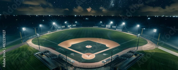 Fototapeta An aerial shot of an empty baseball stadium under starry skies, the entire complex lit by soft ambient lights, providing expansive copy space above.