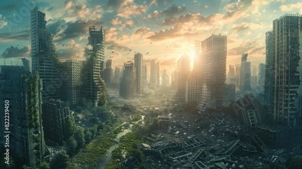 Fototapeta A post-apocalyptic cityscape with overgrown vegetation and a fiery sunset. The image evokes themes of destruction, resilience, and nature reclaiming urban spaces.