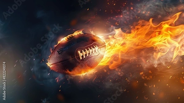 Fototapeta An action shot of a flaming American football ball in mid-flight against a dark backdrop, with bright stadium lights highlighting the intense energy and motion