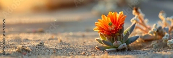 Fototapeta A single vibrant orange desert flower blooms in soft morning light against a sandy backdrop.