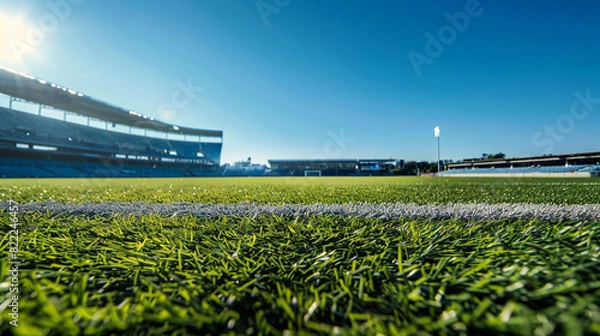 Fototapeta A pristine football stadium under a clear blue sky, focusing on the lush, perfectly maintained grass pitch with extensive copy space in the sky.