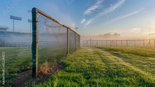Fototapeta A serene, early morning scene showing the corner of a baseball stadium, outfield fence meeting the grass, with mist hanging over the field and extensive copy space in the tranquil sky.