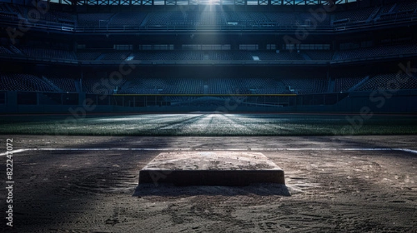 Obraz A spotlight illuminates an empty batter's box at a baseball field during an off-hour, with dramatic shadows and a large amount of copy space in the dark, quiet stands.