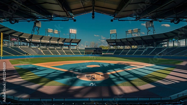 Fototapeta An empty baseball stadium with the field lights casting dramatic shadows across the stands and field, emphasizing the architectural details and providing large copy space above.
