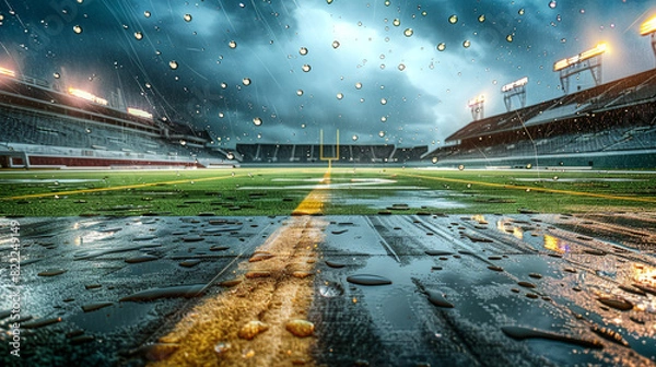 Fototapeta An empty football stadium during a rainstorm, raindrops visible on the lens, the wet field reflecting the stadium lights, and ample copy space in the stormy sky.