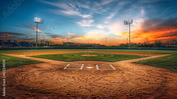Fototapeta An empty softball stadium with high-definition details of the turf and clay, focusing on the pitcher, circle and home plate, with copy space in the vibrant sunset sky.