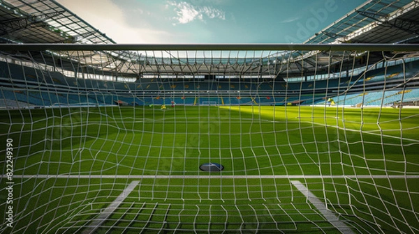 Fototapeta An empty football stadium with the focus on the meticulously maintained goal area, the net perfectly hung and the lines freshly painted, extensive copy space in the background stands.