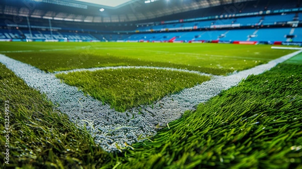 Fototapeta An immaculate view of a football field from the goal line, looking towards the midfield with perfect turf and line markings, large copy space in the background stands.