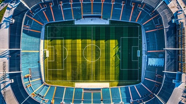 Fototapeta An overhead shot of a football stadium with the stands perfectly symmetrical, focusing on the center circle of the pitch and extensive copy space around the structure.