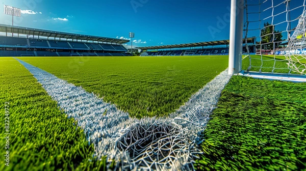 Fototapeta An immaculate view of a football field from the goal line, looking towards the midfield with perfect turf and line markings, large copy space in the background stands.