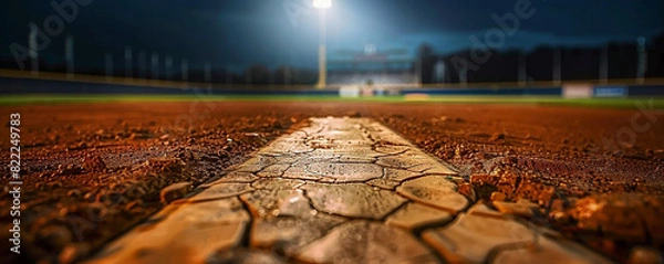 Fototapeta Close-up view of an empty baseball stadium's pitcher's mound at night, the detailed texture of the mound clay illuminated under a soft spotlight, with dark sky providing copy space.