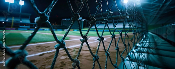 Fototapeta Close-up view of the batting cage in an empty baseball stadium at night, focusing on the netting and surrounding area, with the dark, empty field in the background for copy space.