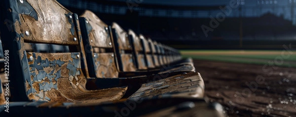 Fototapeta Detailed shot of the worn seats of an empty baseball stadium under moonlight, focusing on the patterns and weathering, with the dark, empty field in the background offering copy space.