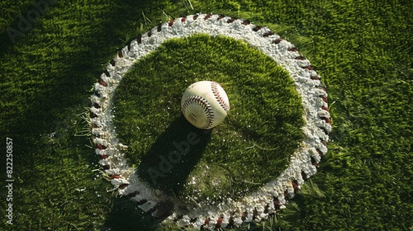 Fototapeta Dramatic overhead shot of a baseball lying on second base, with the surrounding diamond dirt meticulously raked and ample copy space in the surrounding turf.