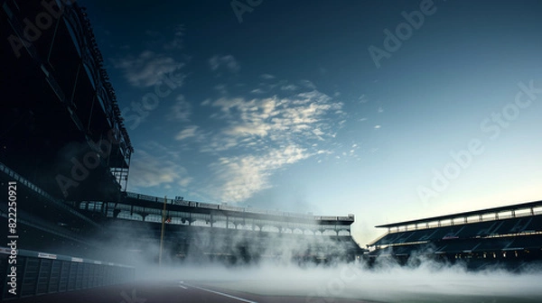 Fototapeta Early morning fog over a baseball stadium, the outlines of the seating and field just visible, with the sky providing a large area of copy space for a mysterious and serene atmosphere.